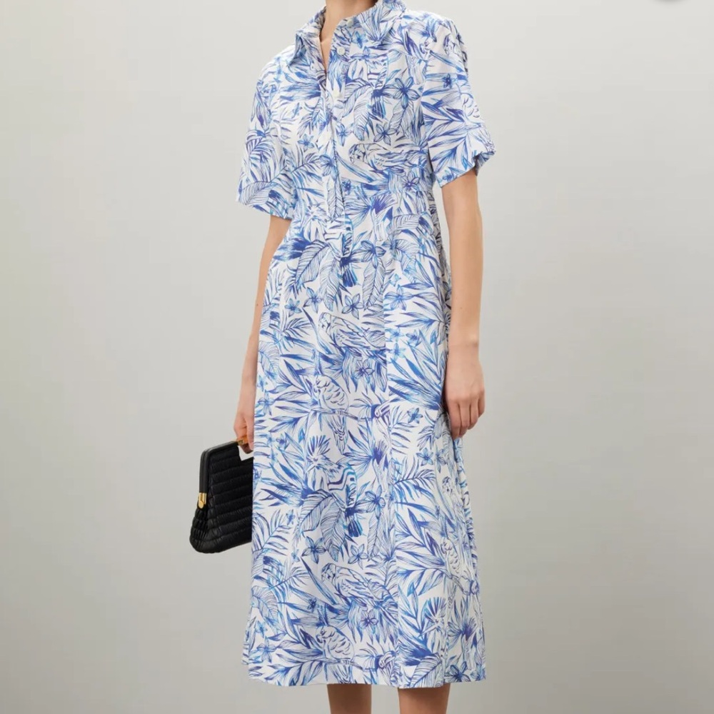 Rosetta Getty Blue and White Midi Sundress with Notched Collar